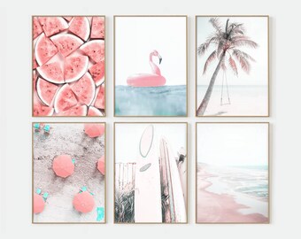 Beach Print Set of 6, Summer California Beach, Santa Monica Nursery Prints Coastal Prints Set Teen Girl Room Decor Pastel Pink Beach P6-0013