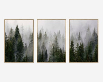 Forest Print, Set of 3, Nordic Photography, Misty Forest Photo, Foggy Landscape, Large Fog Forest, Nature Wall Art, Poster Forest. P3-0001
