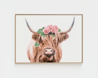 Highland Cow Print With Flower Crown, Highland Cow Print, Girl Nursery Prints, Flower Crown Cow Print, Highland Cow Nursery Wall Art. PL0003