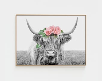 Highland Cow Print With Flower Crown, Highland Cow Print, Girl Nursery Prints, Flower Crown Cow Print, Highland Cow Nursery Wall Art. PL0002