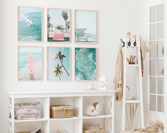Set of 6 Prints, Set Surfboard Art Teen Girl Room Decor Pastel Blue Beach Surf Print Coastal Tropical California Coastal Beach Prints P6-31