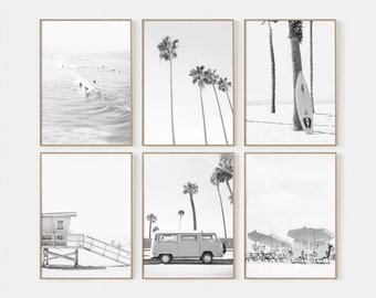 Juego de 6 láminas, Verano en la playa, Playa de California, Láminas para guardería, Láminas costeras, Juego de decoración para habitación de adolescente, Playa en blanco y negro P6-0011