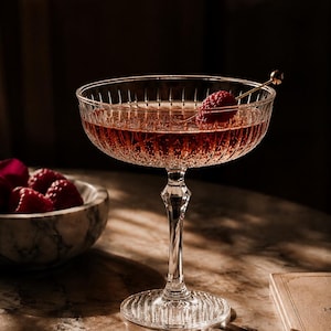 May include: A clear crystal coupe glass featuring a vertical ribbed pattern on the bowl and a textured base. The glass holds a reddish-amber liquid with visible carbonation bubbles and a single fresh raspberry skewered on a gold cocktail pick.