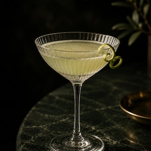May include: A clear, pale yellow cocktail served in a ribbed, stemmed glass. The glass features vertical etched lines along the bowl and a wide, circular base. A thin, curled green lime twist garnish is hooked over the rim of the glass.