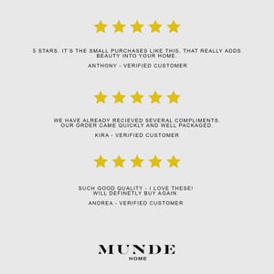 May include: A customer review graphic featuring three rows of five yellow stars. Each row includes a testimonial from a verified customer, Anthony, Kira, and Andrea, followed by the brand name MUNDE HOME in black text at the bottom of the image.