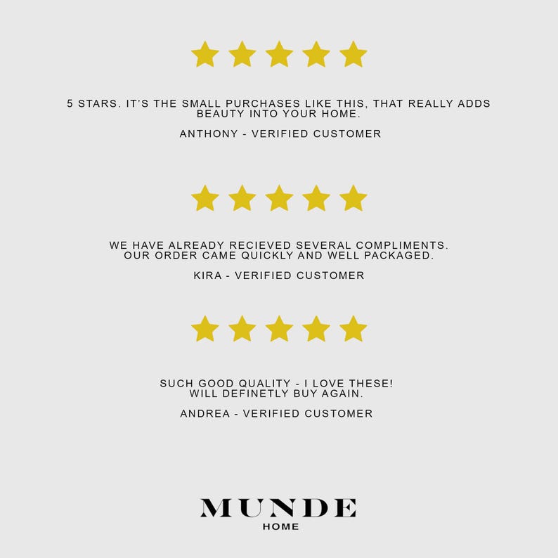 May include: A customer review graphic featuring three rows of five yellow stars. Each row includes a testimonial from a verified customer, Anthony, Kira, and Andrea, followed by the brand name MUNDE HOME in black text at the bottom of the image.