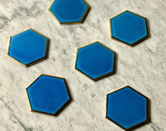 Blue & Gold Handmade Ceramic Coasters - Set of 6 / Clearance