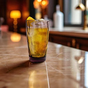 Puede incluir: Un vaso alto de color &aacute;mbar con facetas, lleno de cubitos de hielo y un l&iacute;quido dorado, coronado con un gajo de lim&oacute;n amarillo brillante. El vaso presenta una superficie geom&eacute;trica texturizada que capta la luz y crea un patr&oacute;n visual.