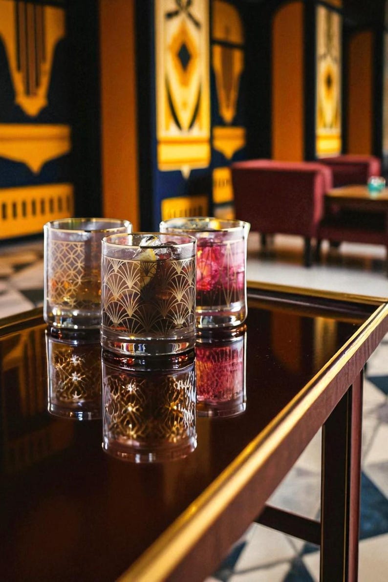 Puede incluir: Tres vasos de cristal transparente con un patr&oacute;n geom&eacute;trico de abanico en color dorado. Cada vaso contiene un l&iacute;quido de diferente color, incluyendo &aacute;mbar, marr&oacute;n oscuro y rojo intenso, con cubitos de hielo visibles dentro de los recipientes.