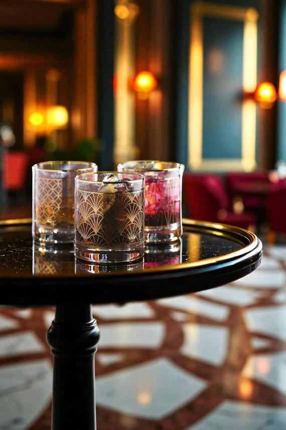 Art Deco Tumblers: Gold Patterned Soda-Lime Glass Set, Elegant Drinkware | Pascale