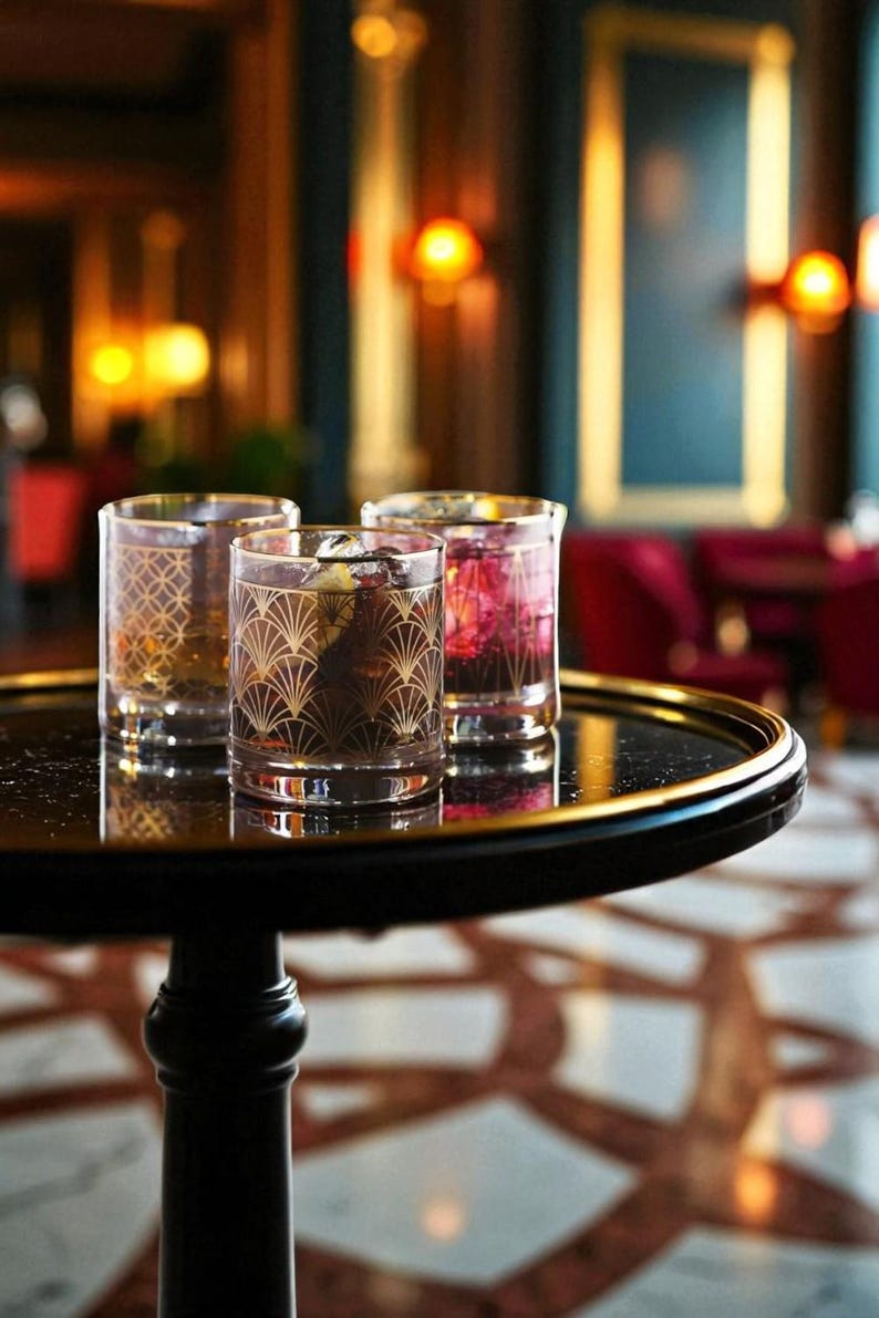 Puede incluir: Tres vasos de cristal transparente con un patr&oacute;n geom&eacute;trico dorado en forma de abanico. Cada vaso contiene una bebida l&iacute;quida con cubitos de hielo. Los vasos est&aacute;n dispuestos en grupo, mostrando los detalles met&aacute;licos dorados.