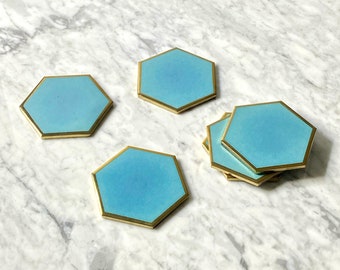 Teal & Gold Handmade Ceramic Coasters - Set of 6 / Clearance