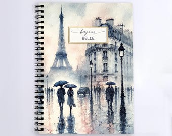 Customizable Paris Journal with Eiffel Tower Art, Personalized Travel Notebook, Watercolor Paris France Cover, Romantic Gift for Writers