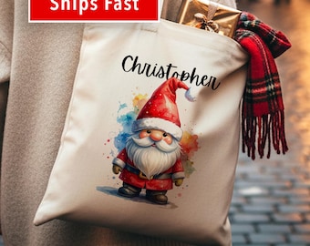 Customizable Christmas Tote Bag, Personalized Santa Gnome Tote, Cute Holiday Gnome Bag, Winter Gift Bag, Cotton Canvas Christmas Tote