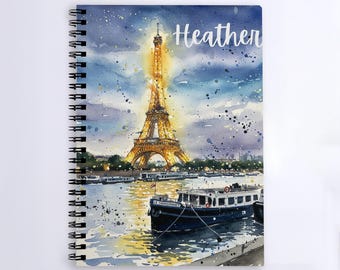 Customizable Paris Journal with Eiffel Tower View, Personalized Travel Notebook, Watercolor Paris France Cover, Gift for Writers or Dreamers