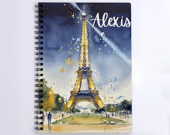 Custom Eiffel Tower Journal, Personalized Paris France Travel Notebook, Blank Lined Paper, Watercolor Paris Gift for Her