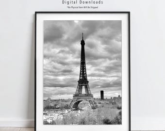 Eiffel Tower Paris Photo | Black and White Wall Art | Minimalist French Landmark Print | European Architecture Photography Digital Download