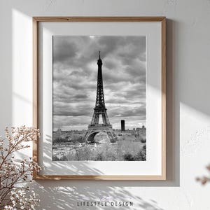 Black and White Eiffel Tower Photo Paris Wall Art Digital Download, France Travel Print, Monochrome Skyline Decor, French Architecture Photo