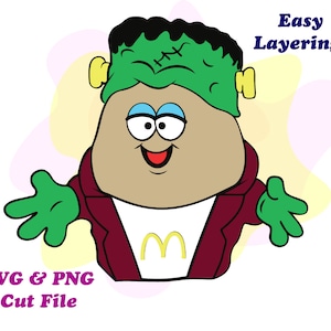 May include: A cartoon illustration of a green monster with a white shirt featuring a yellow "M" logo. The monster is wearing a red jacket and has a green face with blue eyes. The text "Easy Layering!" is in the upper right corner of the image. The text "SVG & PNG Cut File" is in the lower left corner of the image.