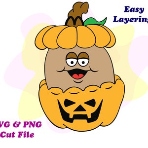 May include: A brown cartoon character wearing a pumpkin costume. The pumpkin has a jack-o'-lantern face and the character has a big smile. The text "Easy Layering!" is in the upper right corner of the image. The text "SVG & PNG Cut File" is in the lower left corner of the image.