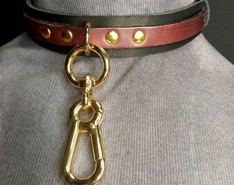 Handmade Black & Plum Leather Collar: Gold Snap Hook, Riveted Punk Choker