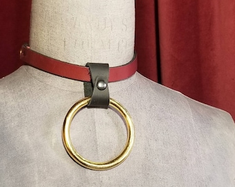 Handmade Red Leather O-Ring Choker: Gold Plated Pendant