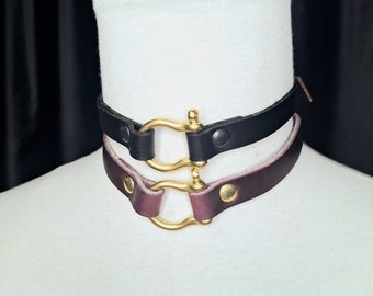 Handmade Leather Shackle Collar: Plum & Black, Adjustable Choker