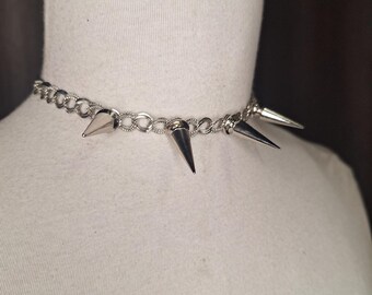 Handmade Silver Spiked Punk Chain Necklace: Mature Goth Choker