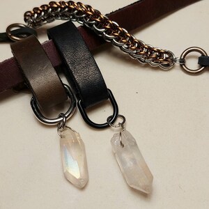 Quartz charm with olive leather loop. Designed  to compliment Midnight Ruby collars or any chain. Handmade.