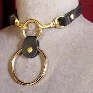 Handmade, Double Gold Oring Choker. Sleek black, durable leather collar,  fitted to size. Designed to mix and match with other adornments.