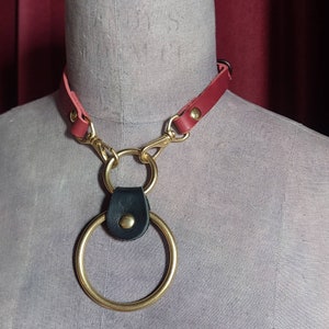 Red leather collar with double Gold oring adornment. Quality materials. Handmade.