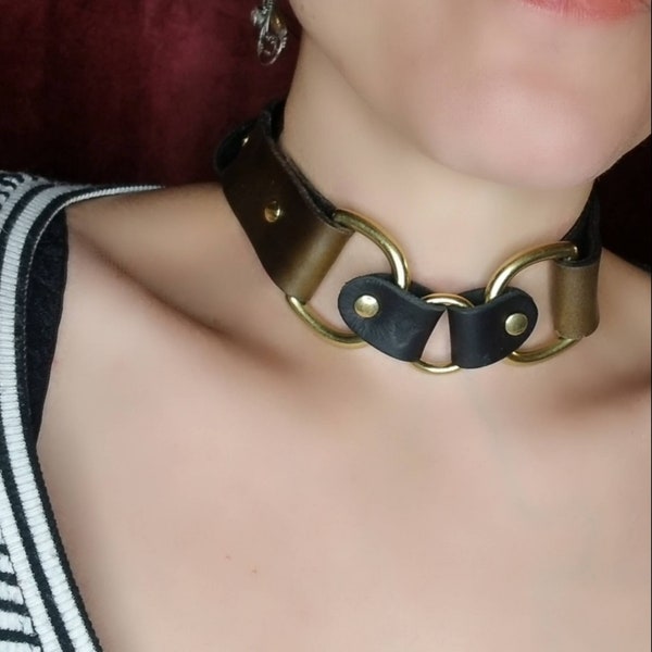 Genuine olive leather choker with gold rivets, D-rings and adjustable buckle closure. Custom orders welcome. Adorn yourself.