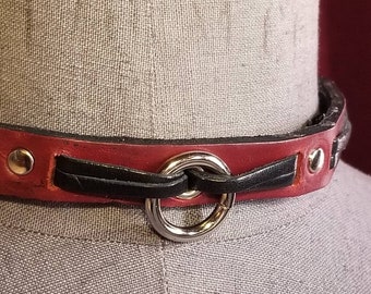 Handmade Red Leather Choker: Silver O-Ring, Black Ribbon Trim