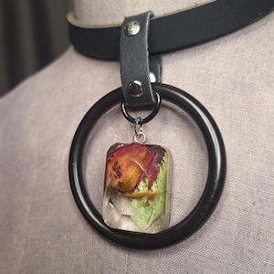 Jewel shaped rosebud pendant with a 2&quot; black steel O-ring, statement necklace.  Handmade. High end gothic style. Edgy victorian.
