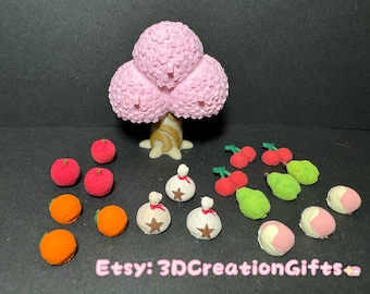 Árboles de Sakura con forma de animal de ACNH: bolso con forma de campana, manzana, pera, naranja, melocotón y cereza