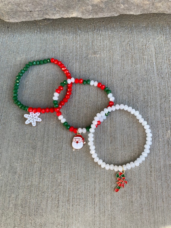 Set of Three Christmas Bracelets Holiday Beaded Bracelets Noel