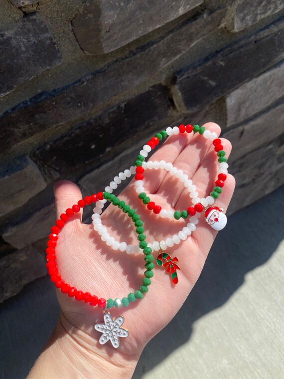 Set of Three Christmas Bracelets Holiday Beaded Bracelets Noel