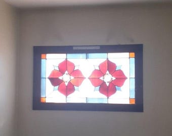 Vintage Stained Glass Panel Leaded Window Art Deco ROSES 46 x 24 in frame.