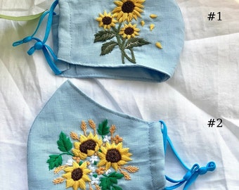 Set 2 PCs Sunflower embroidered linen face mask ,hand embroidered linen mask, floral embroidery mask