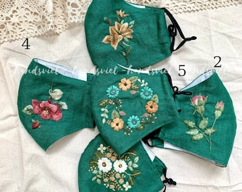 Hand Embroidered Linen Face Mask: Floral Design, Reusable Mask
