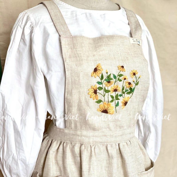 Sunflower embroidered apron for women, handmade pinafore for woman with washed linen fabric