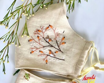 Bird embroidered linen face mask 3 layers, hand embroidered face mask for woman with filter pocket, Christmas gift for mom