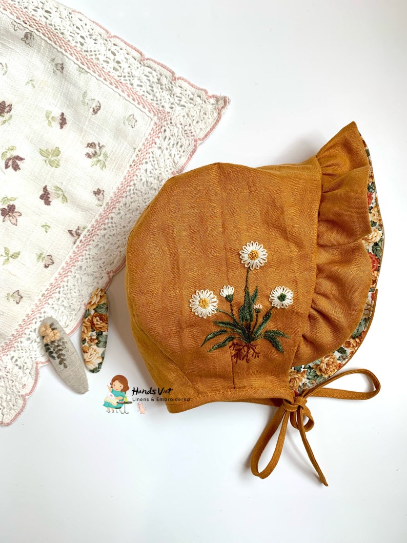 Embroidered baby bonnet, reversible bonnet for girl image 6