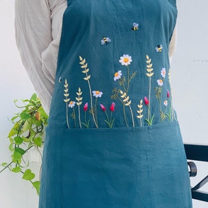 Personalized Linen Apron: Hand Embroidered Floral Pinafore