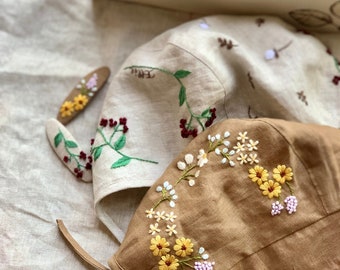 Embroidered baby bonnet, floral embroidered bonnet for girl with brimmed