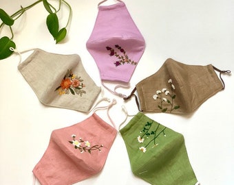 Floral Embroidered Linen Face Mask: Adjustable Adult Mask