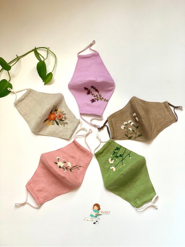 Floral Embroidered Linen Face Mask: Adjustable Adult Mask