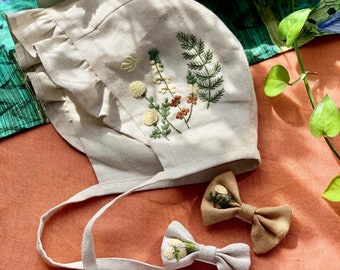 Handbestickte Baby mütze aus reinem Leinenstoff 2 Lagen, summner mütze für Mädchen, baby bonnet