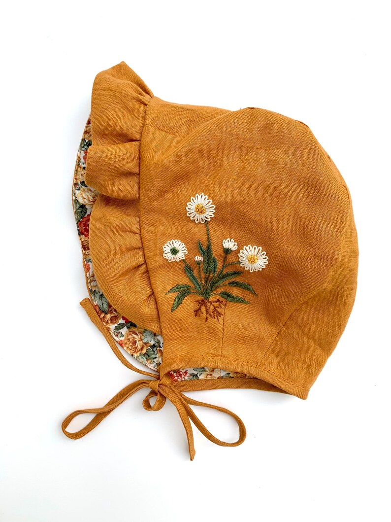 Embroidered baby bonnet, reversible bonnet for girl image 7