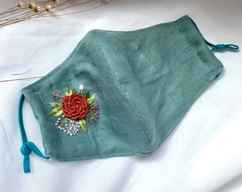 Hand Embroidered Linen Face Mask: Floral Design, Adjustable Loops